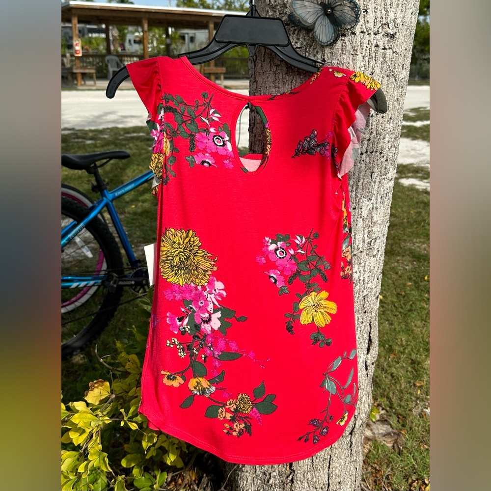 Free Kisses BLOUSE Women S Vermillion Floral Stretch Ruffle Sleeve Peekaboo Back - Picture 3 of 5